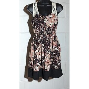 Just Ginger Floral Print Sun Dress Lace Detail Sleeveless Black Pink Medium